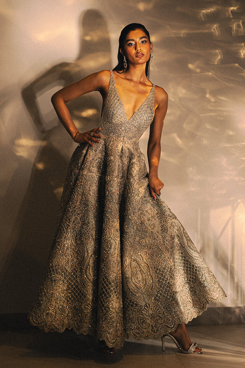 Pakistani Ice Blue Embellished Net Gown (1-Pc) - Image 2