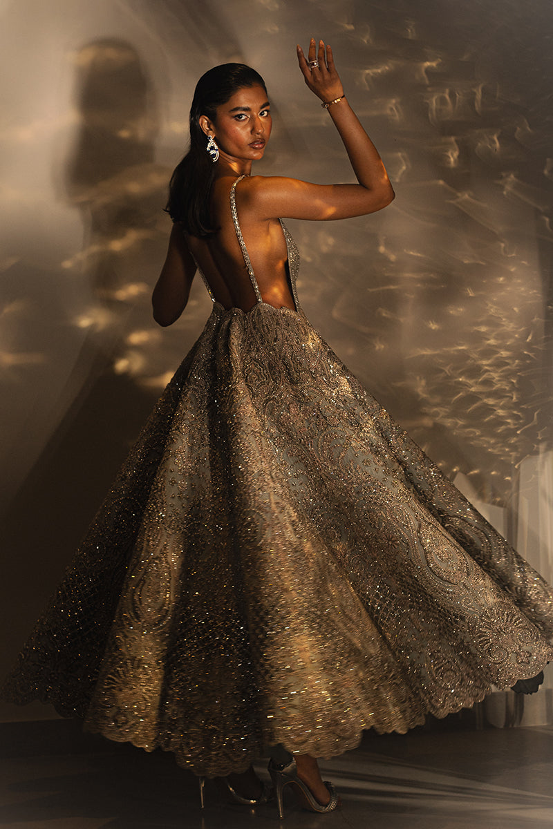 Pakistani Ice Blue Embellished Net Gown (1-Pc) - Image 3