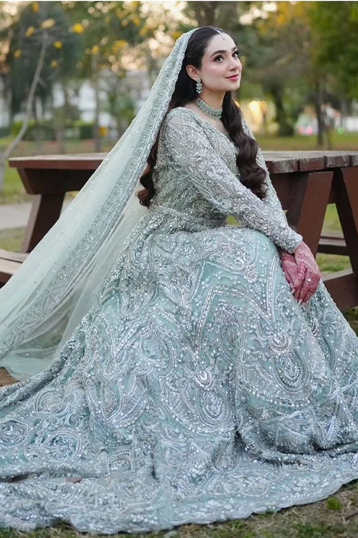 Pakistani Ice-Blue Embellished Net Bridal Gown (2-Piece) - Image 1