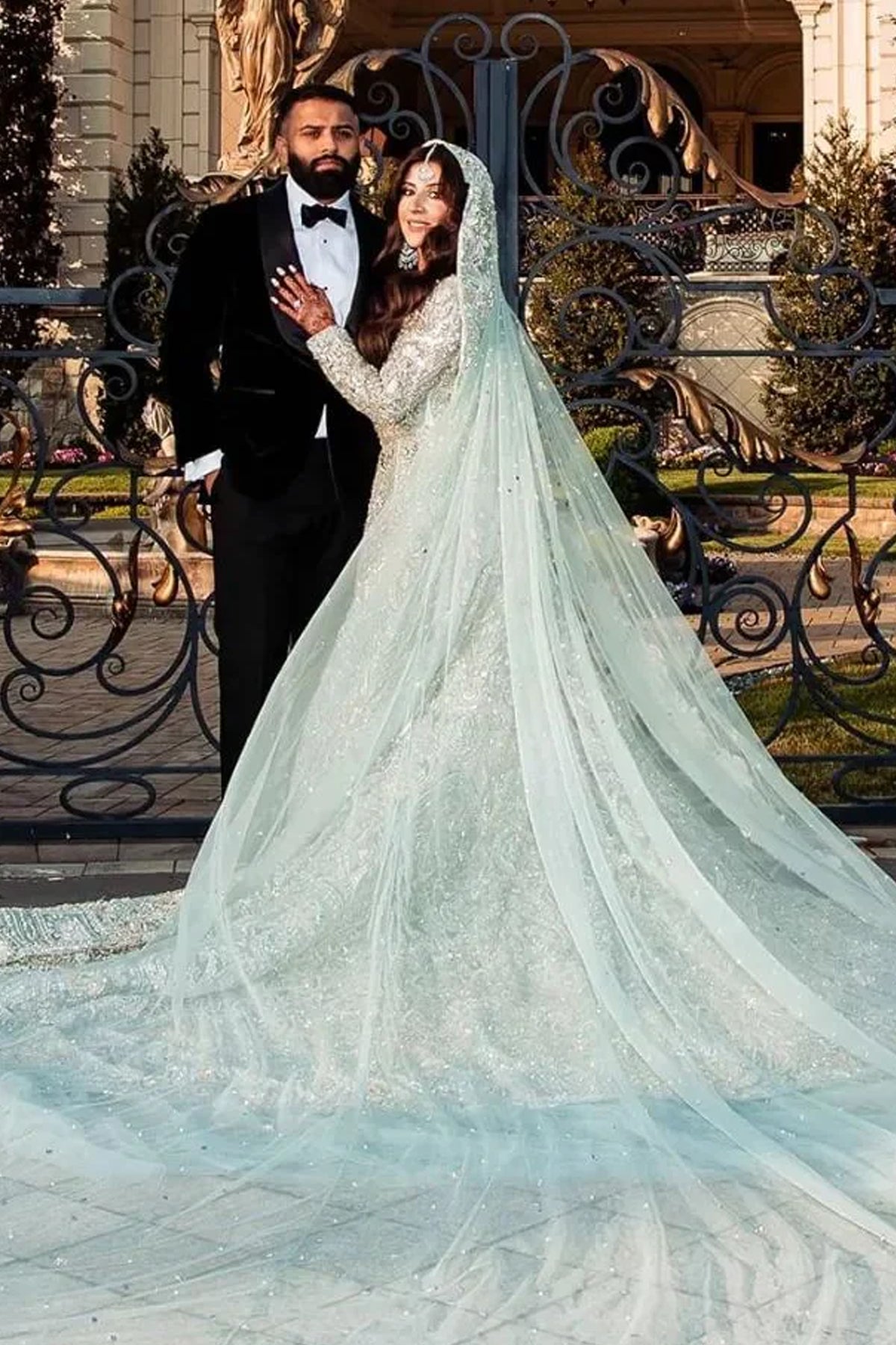 Pakistani Ice Blue Embellished Net Bridal Gown (2-Piece) - Image 1