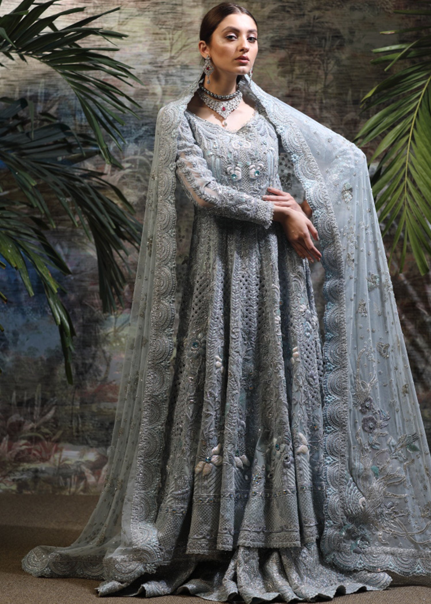 Pakistani Ice Blue Embellished Net Bridal Gown (2-Piece) - Image 1