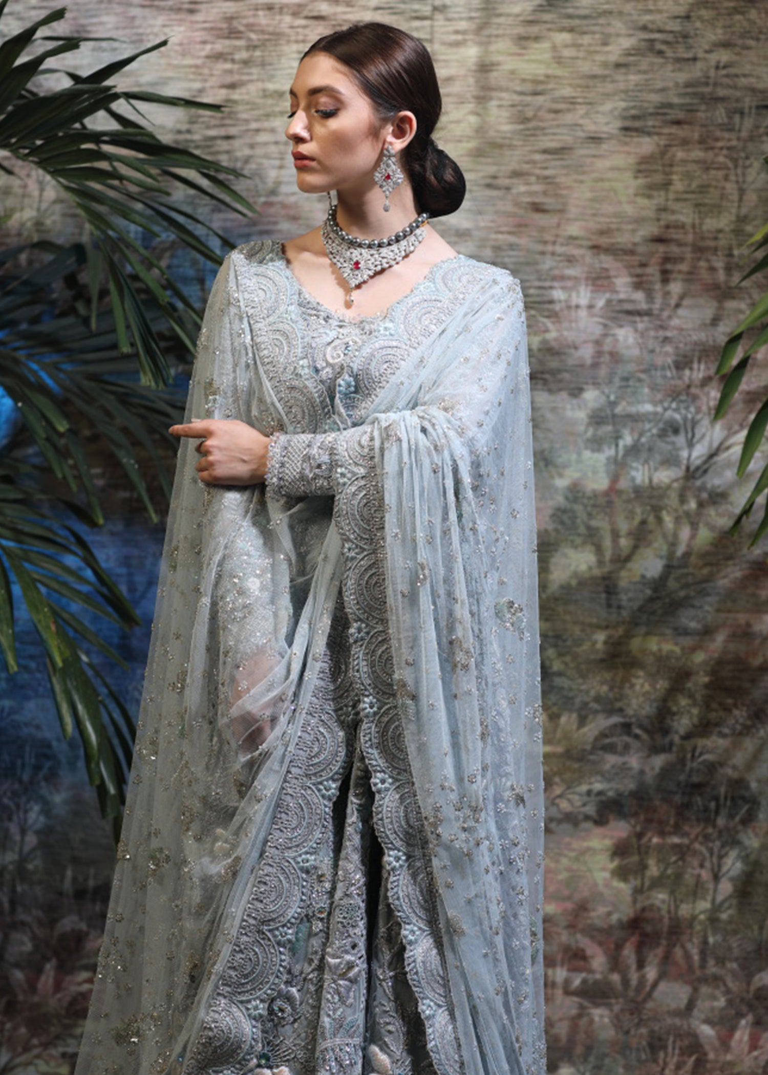 Pakistani Ice Blue Embellished Net Bridal Gown (2-Piece) - Image 2