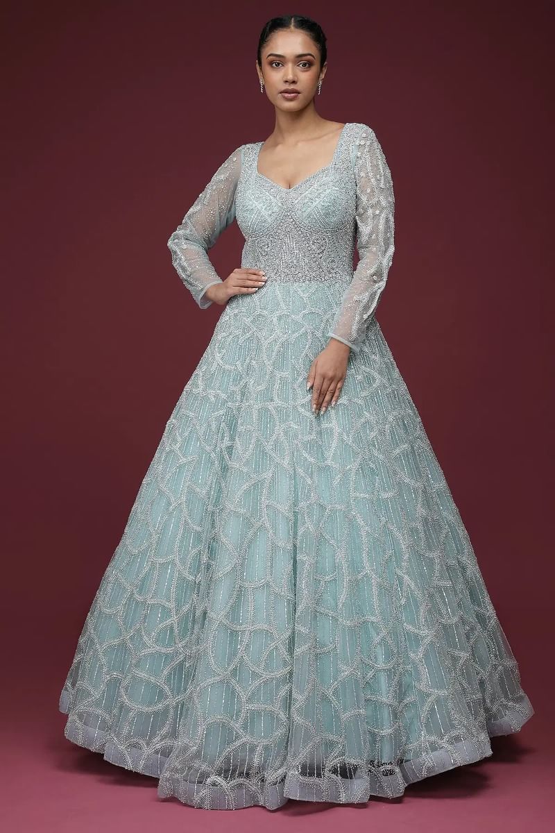 Powder Blue Sequined Net Reception Gown (1-Pc) - Image 1