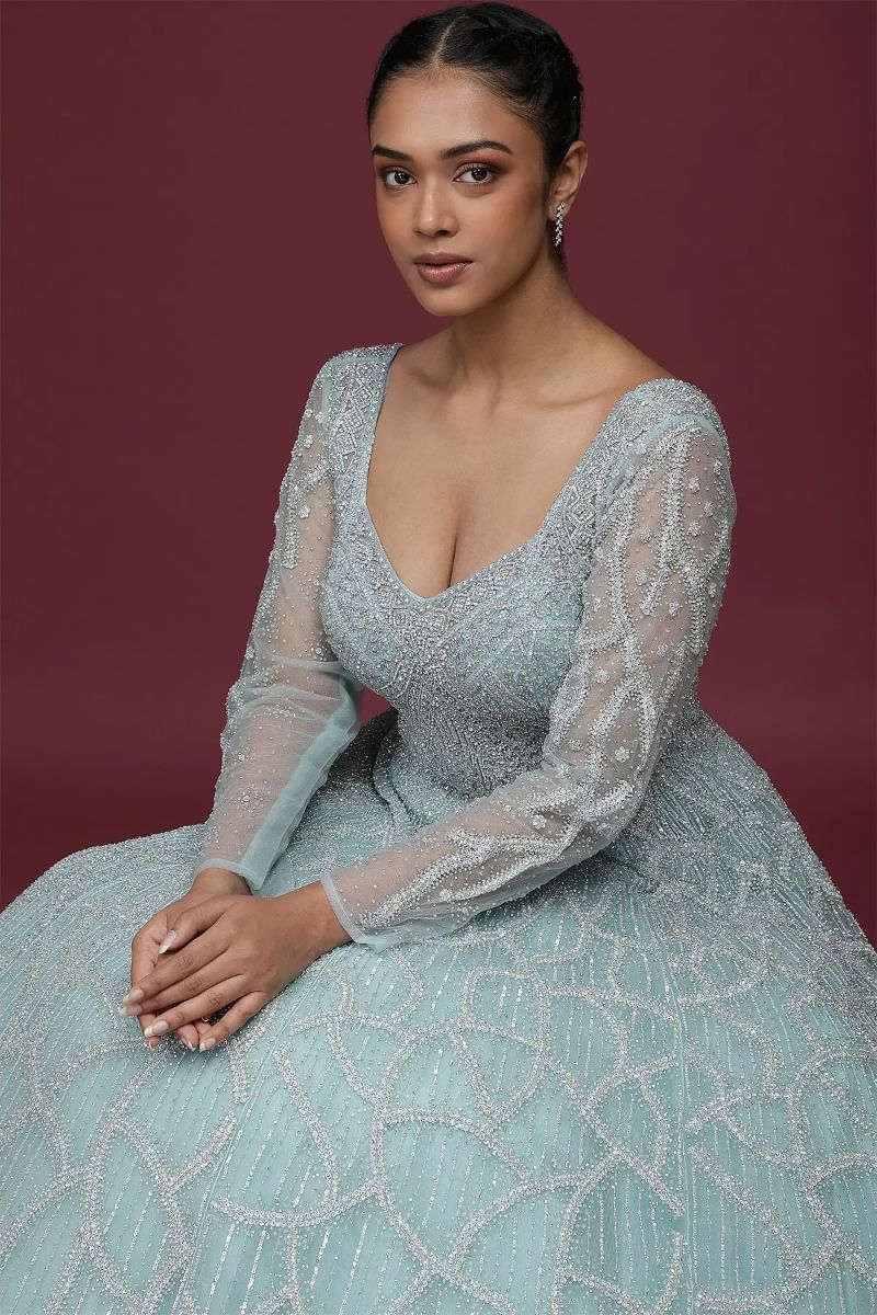 Powder Blue Sequined Net Reception Gown (1-Pc) - Image 2