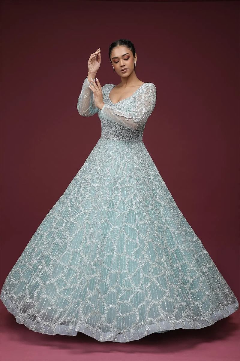 Powder Blue Sequined Net Reception Gown (1-Pc) - Image 3