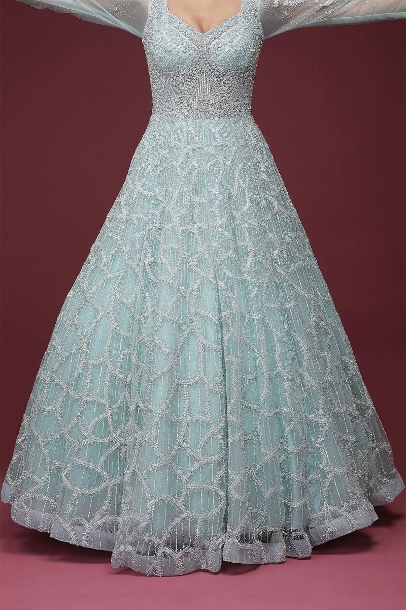 Powder Blue Sequined Net Reception Gown (1-Pc) - Image 6