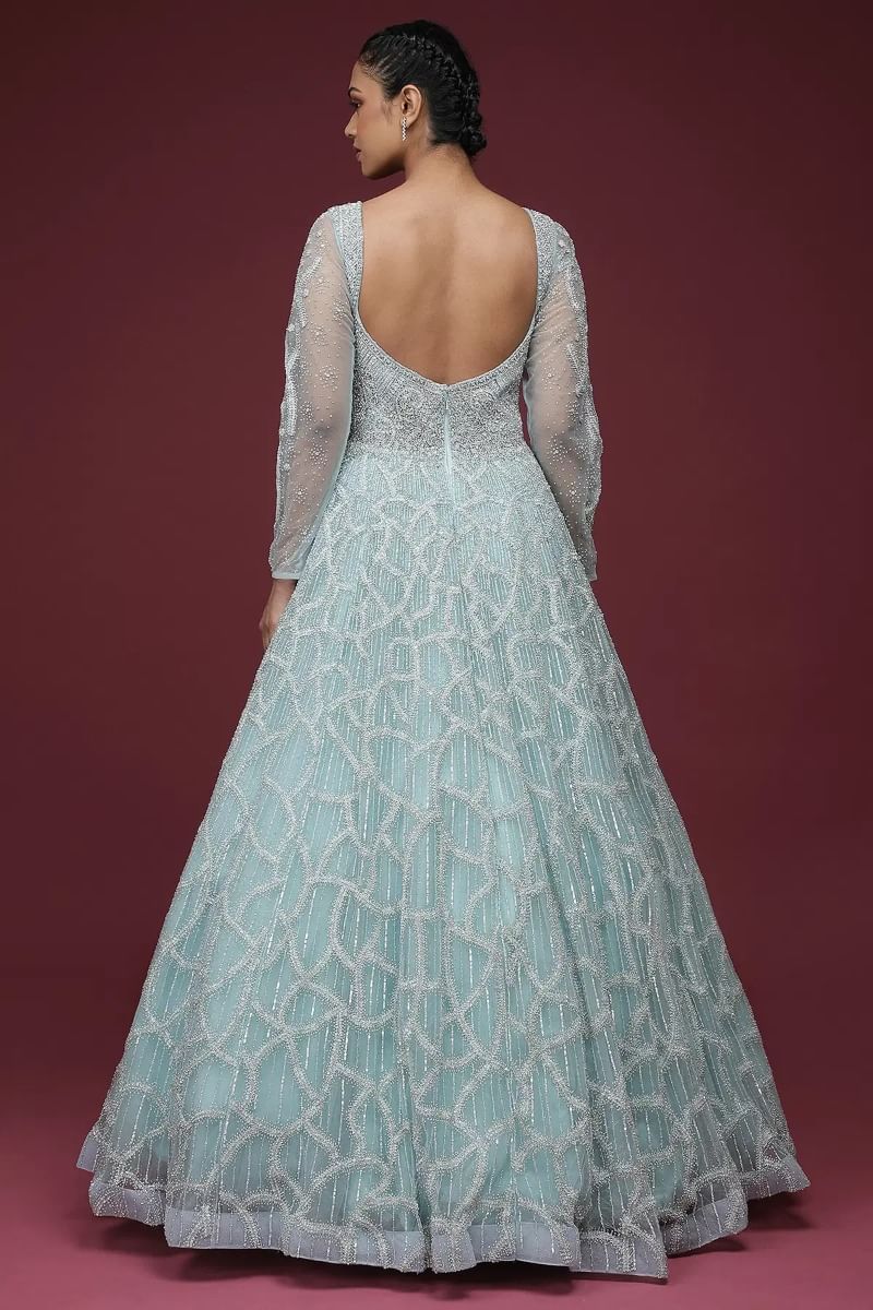 Powder Blue Sequined Net Reception Gown (1-Pc) - Image 7