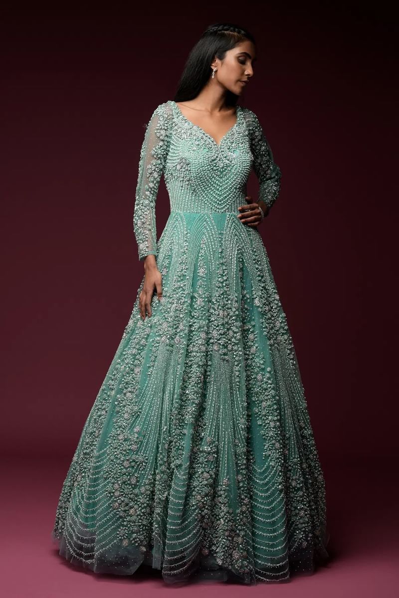 Indian Mint Blue Embellished Net Bridal Gown (1-Pc) - Image 1