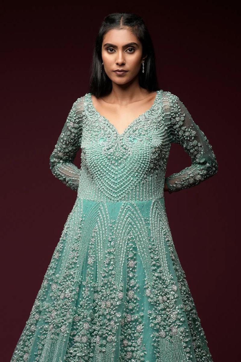 Indian Mint Blue Embellished Net Bridal Gown (1-Pc) - Image 2