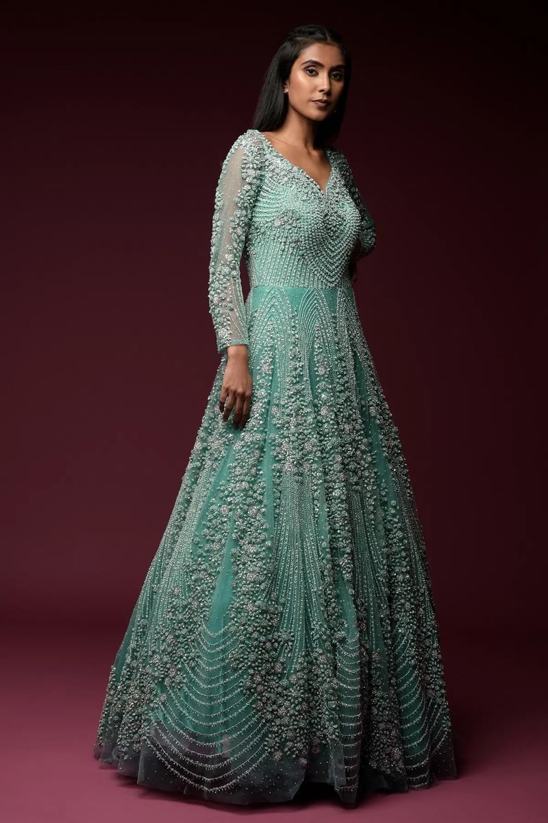 Indian Mint Blue Embellished Net Bridal Gown (1-Pc) - Image 3