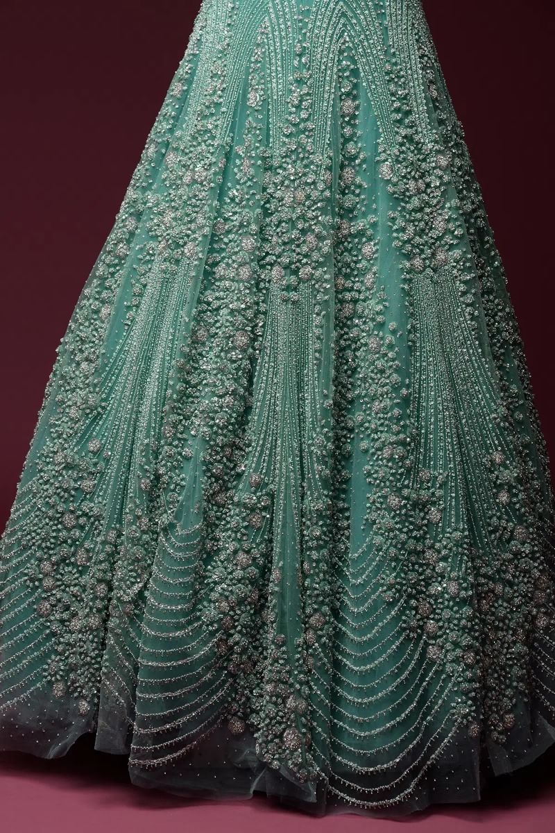 Indian Mint Blue Embellished Net Bridal Gown (1-Pc) - Image 4