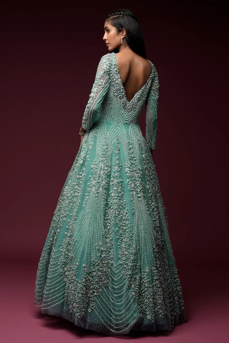 Indian Mint Blue Embellished Net Bridal Gown (1-Pc) - Image 5