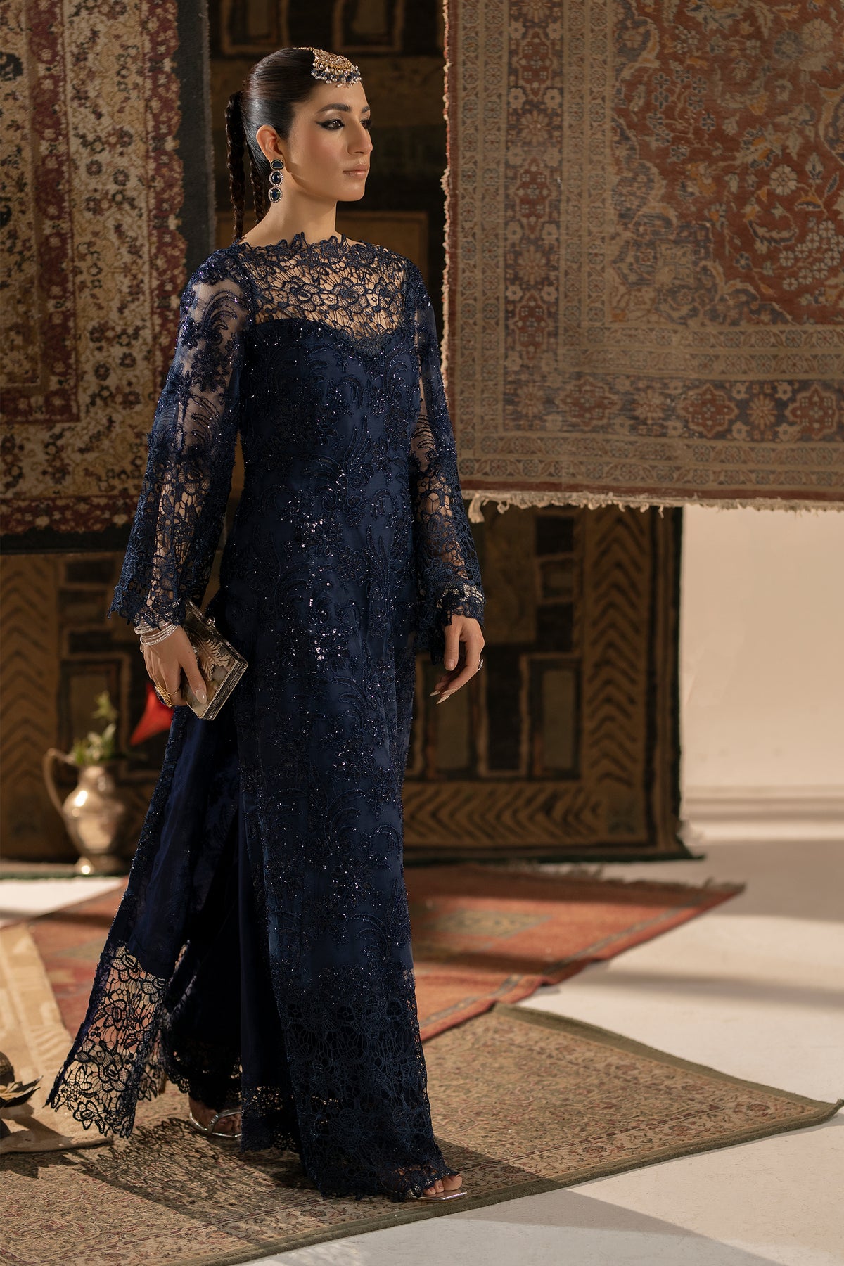Pakistani Midnight Blue Lace & Sequin Net US Silk Gown (1-Pc) - Image 1
