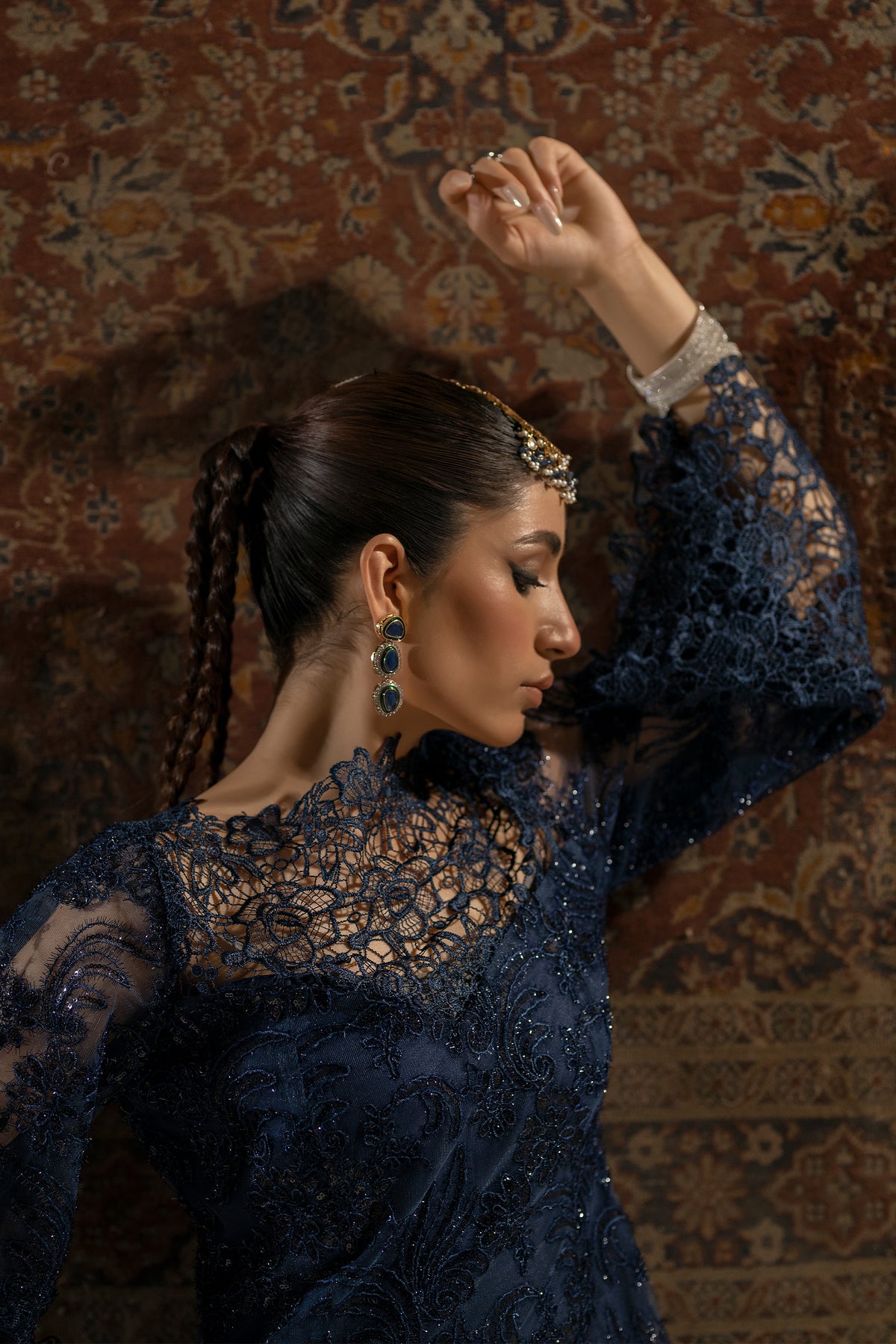 Pakistani Midnight Blue Lace & Sequin Net US Silk Gown (1-Pc) - Image 2