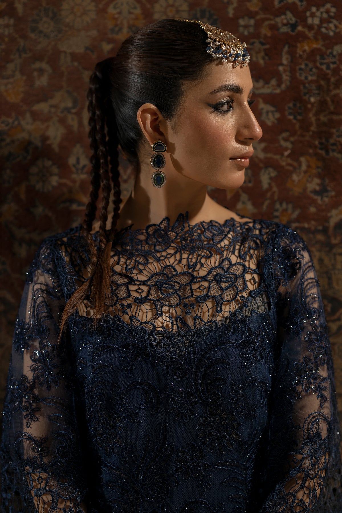 Pakistani Midnight Blue Lace & Sequin Net US Silk Gown (1-Pc) - Image 3