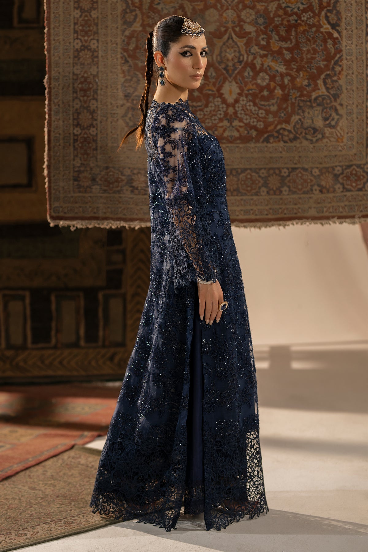 Pakistani Midnight Blue Lace & Sequin Net US Silk Gown (1-Pc) - Image 5