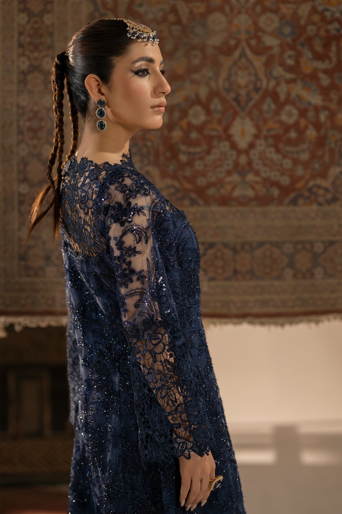 Pakistani Midnight Blue Lace & Sequin Net US Silk Gown (1-Pc) - Image 6