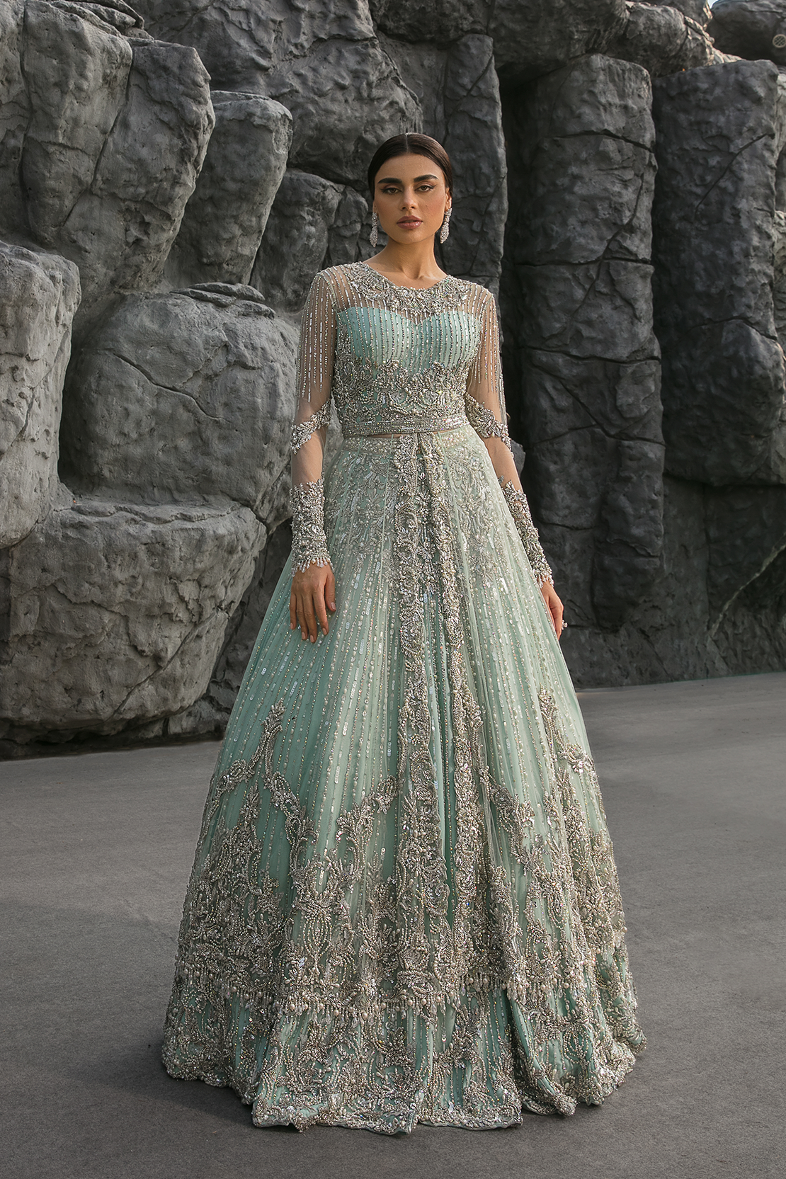 Pakistani Ice Blue Embellished Net Bridal Gown (2-Piece) - Image 1