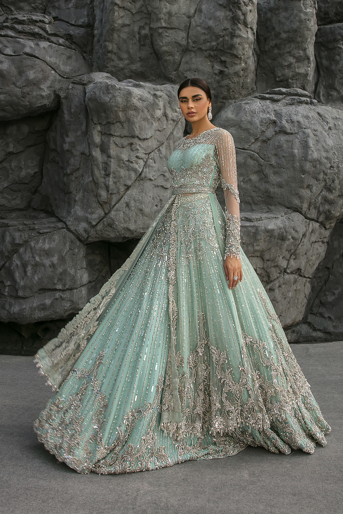 Pakistani Ice Blue Embellished Net Bridal Gown (2-Piece) - Image 2