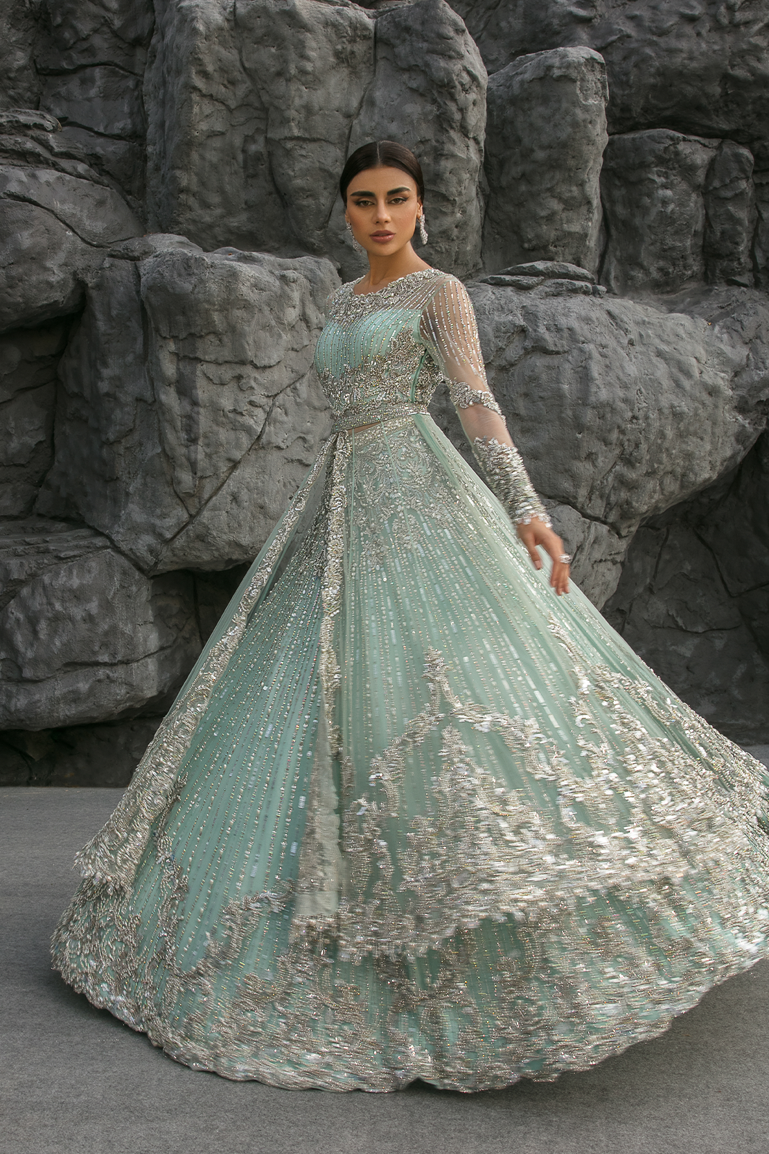 Pakistani Ice Blue Embellished Net Bridal Gown (2-Piece) - Image 3