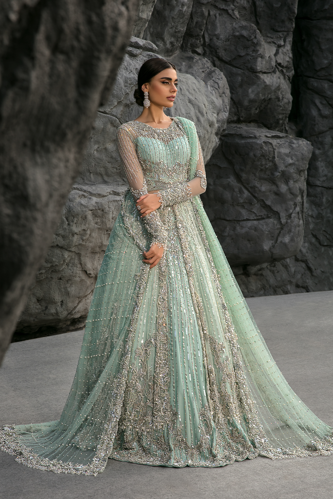 Pakistani Ice Blue Embellished Net Bridal Gown (2-Piece) - Image 6