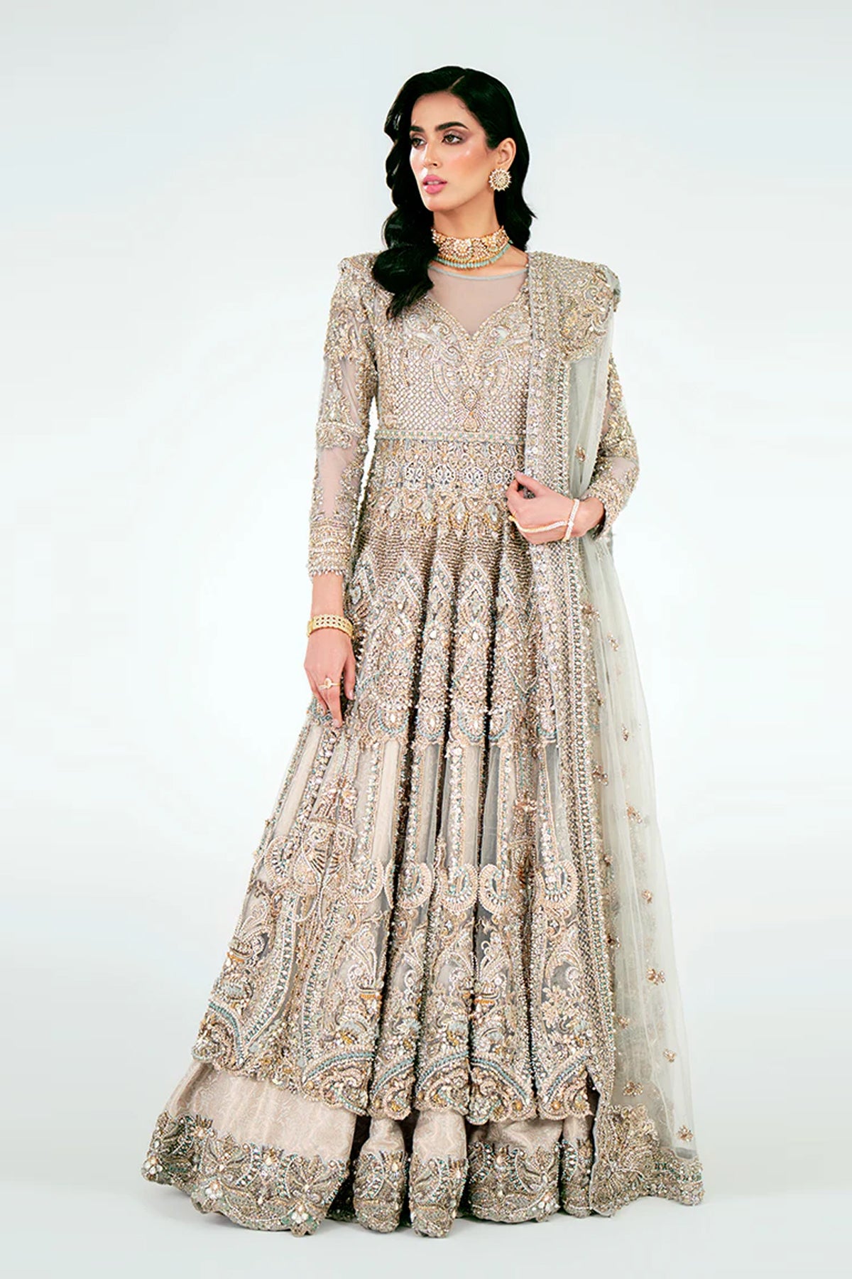 Pakistani Ice Blue Embellished Net Silk Bridal Gown (2-Piece) - Image 1
