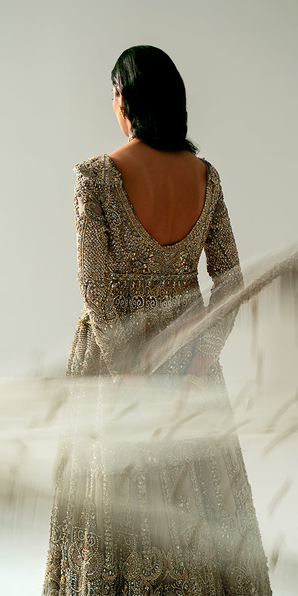 Pakistani Ice Blue Embellished Net Silk Bridal Gown (2-Piece) - Image 3