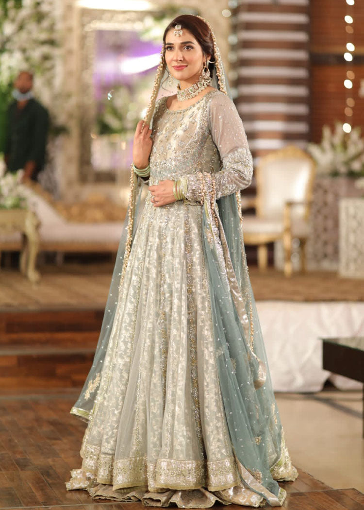 Pakistani Pale Blue Silver Embroidered Net Bridal Gown (2-Piece) - Image 1