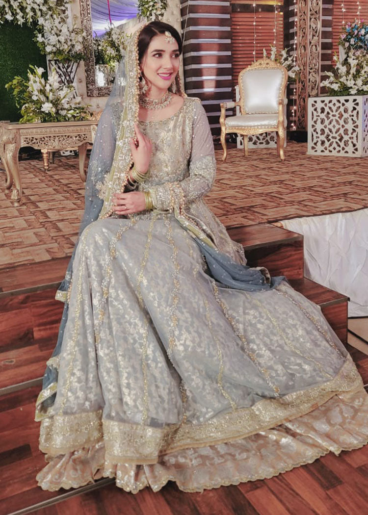 Pakistani Pale Blue Silver Embroidered Net Bridal Gown (2-Piece) - Image 2