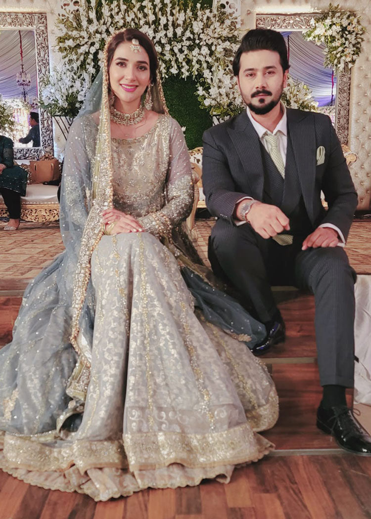 Pakistani Pale Blue Silver Embroidered Net Bridal Gown (2-Piece) - Image 3