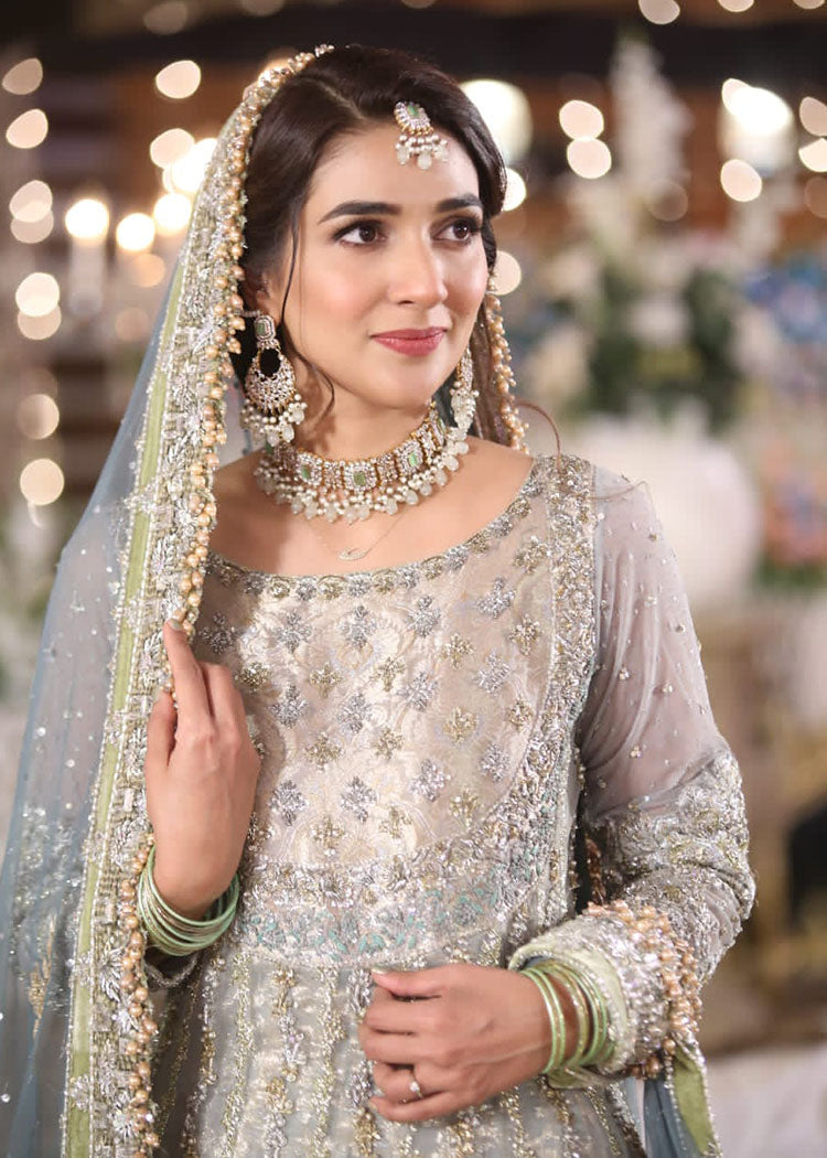 Pakistani Pale Blue Silver Embroidered Net Bridal Gown (2-Piece) - Image 4