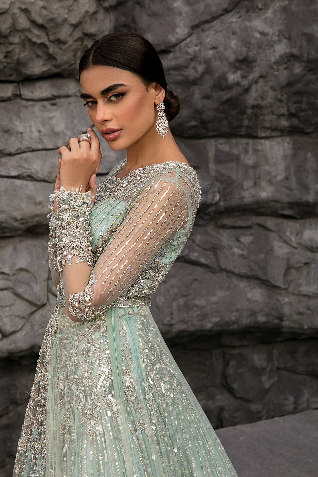 Indian Ice Blue Embellished Net Bridal Gown (2-Piece) - Image 4