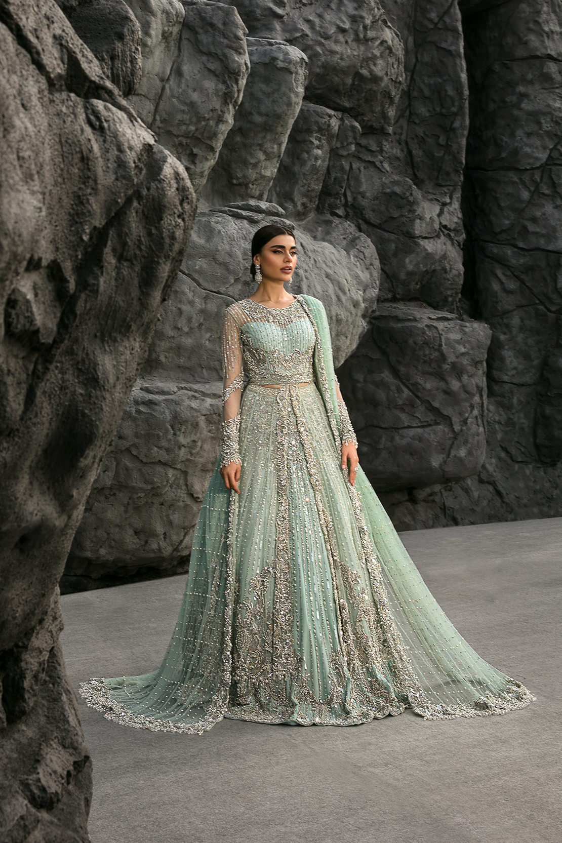 Indian Ice Blue Embellished Net Bridal Gown (2-Piece) - Image 5