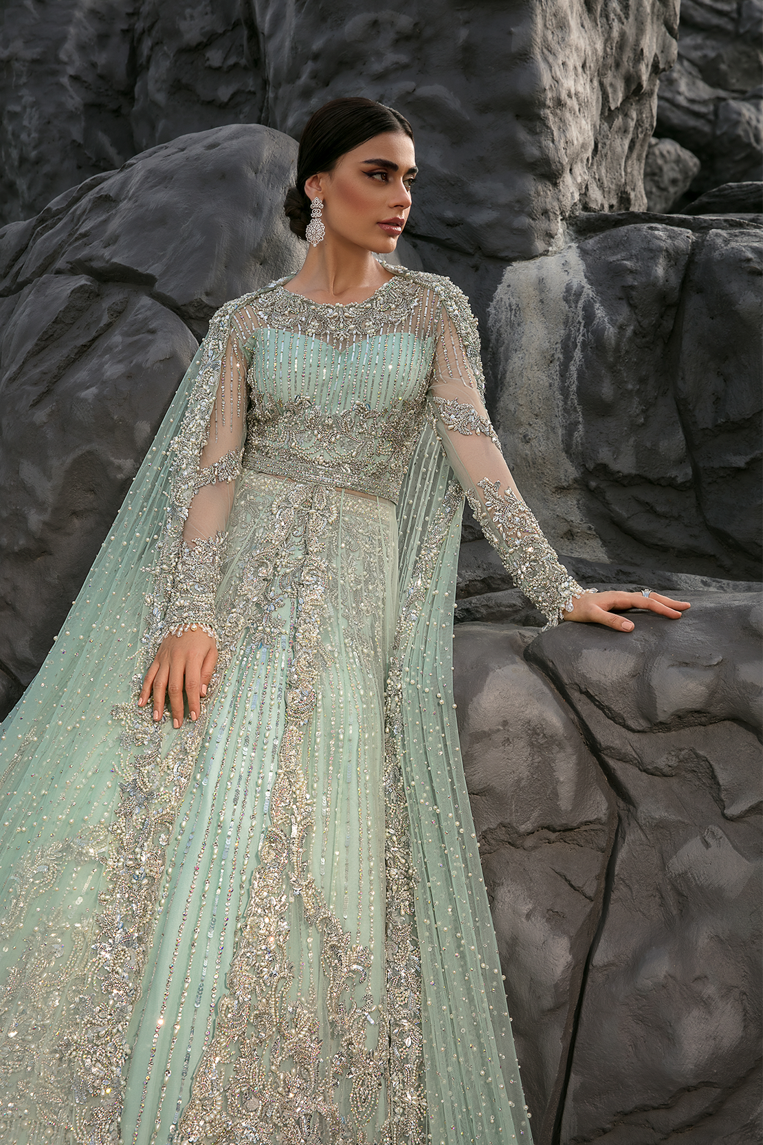 Indian Ice Blue Embellished Net Bridal Gown (2-Piece) - Image 7