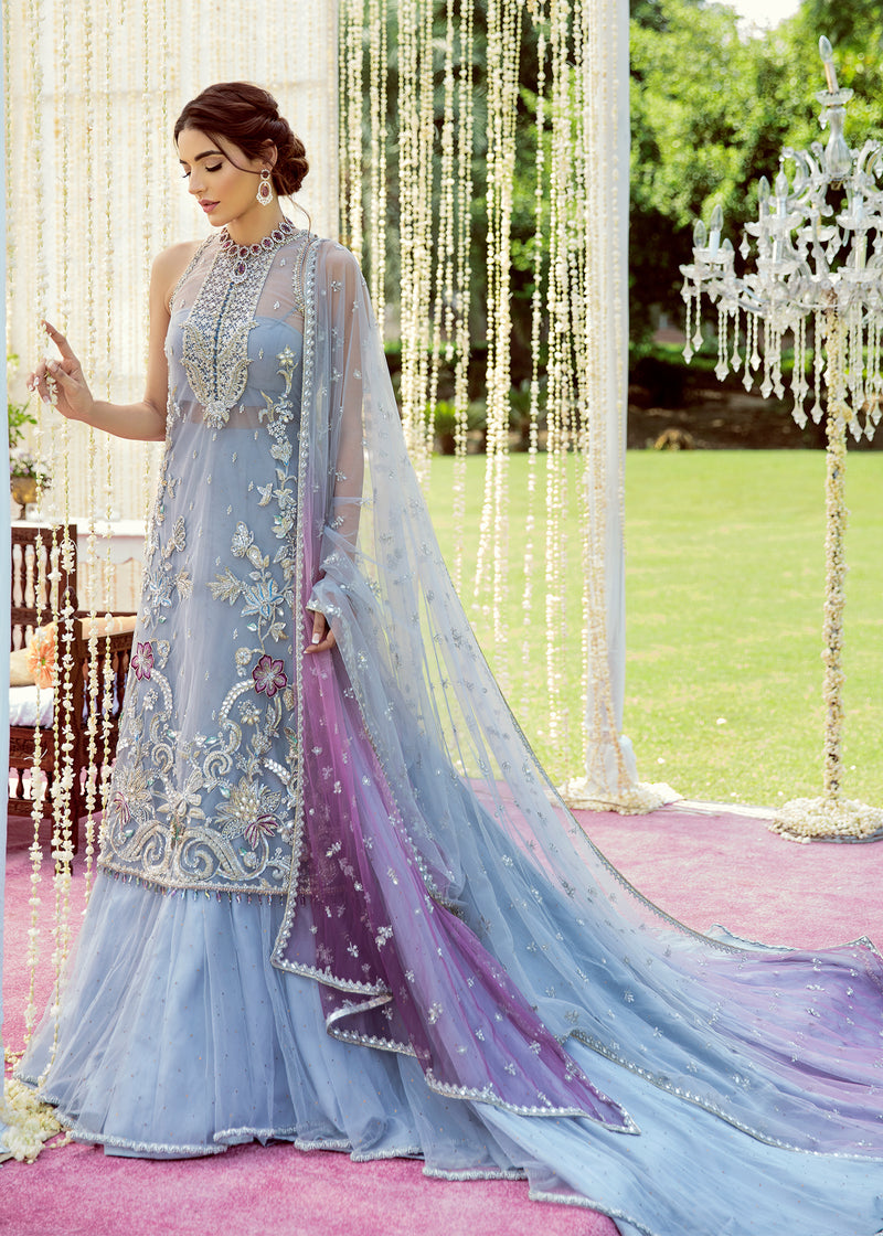 Pakistani Ice Blue Embroidered Net Mermaid Gown (2-Piece) - Image 1
