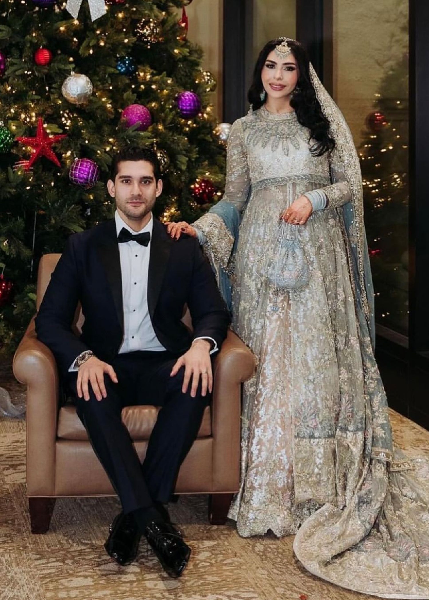 Powder Blue Silver Embellished Net Bridal Gown (2-Piece) - Image 1