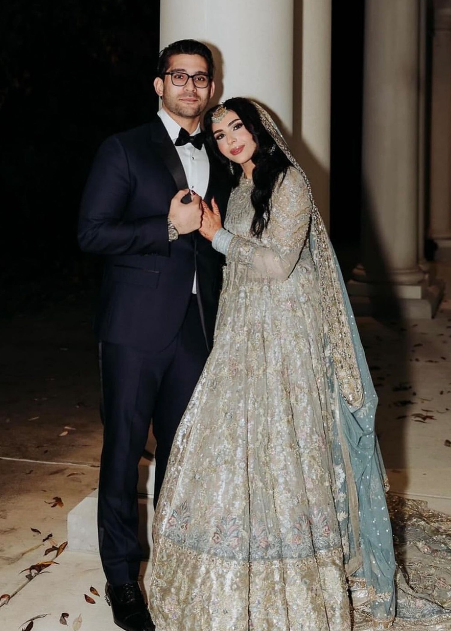 Powder Blue Silver Embellished Net Bridal Gown (2-Piece) - Image 3