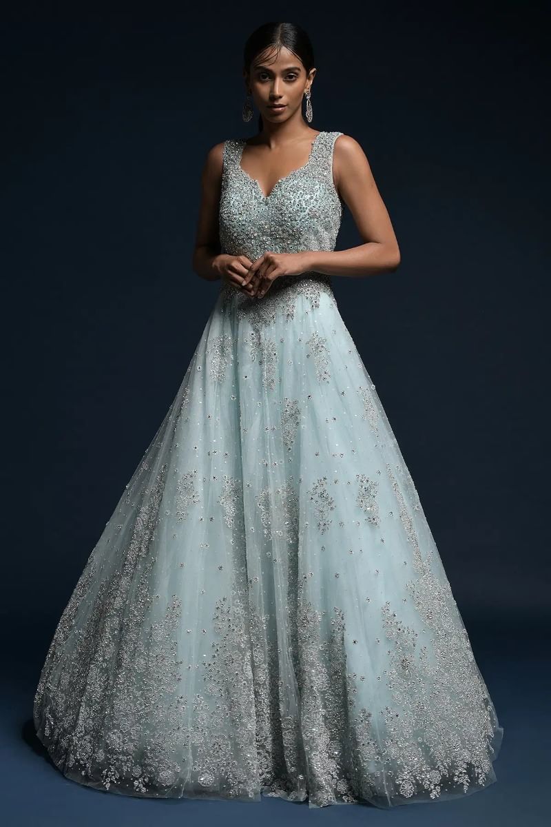 Pastel Blue Embellished Net Bridal Gown (1-Pc) - Image 1