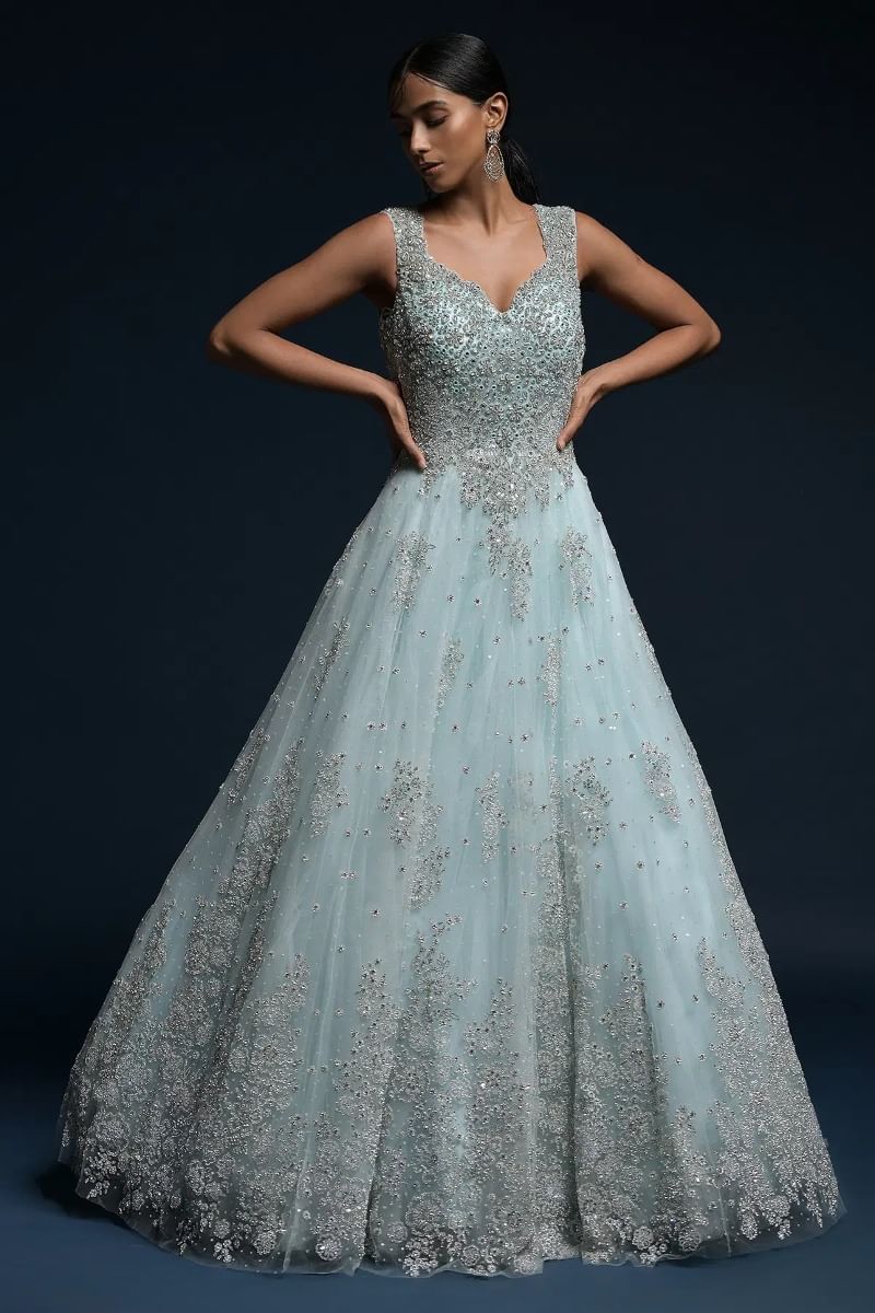Pastel Blue Embellished Net Bridal Gown (1-Pc) - Image 3