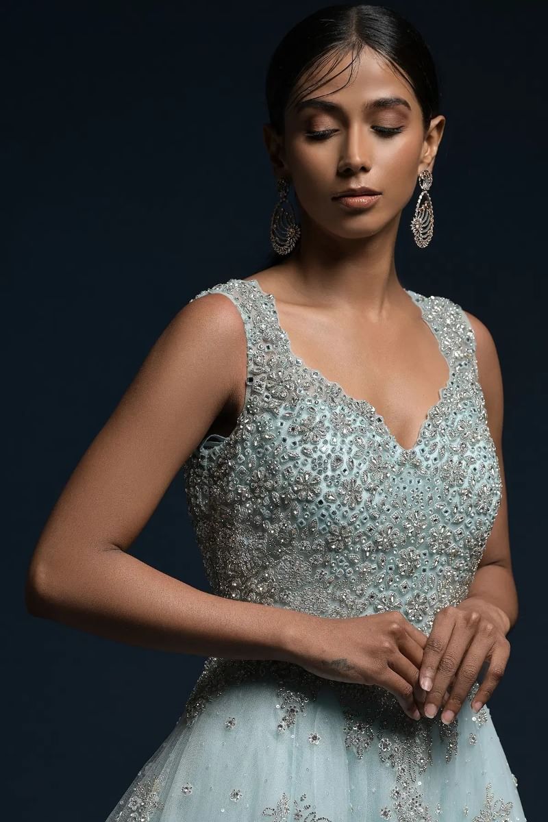 Pastel Blue Embellished Net Bridal Gown (1-Pc) - Image 4