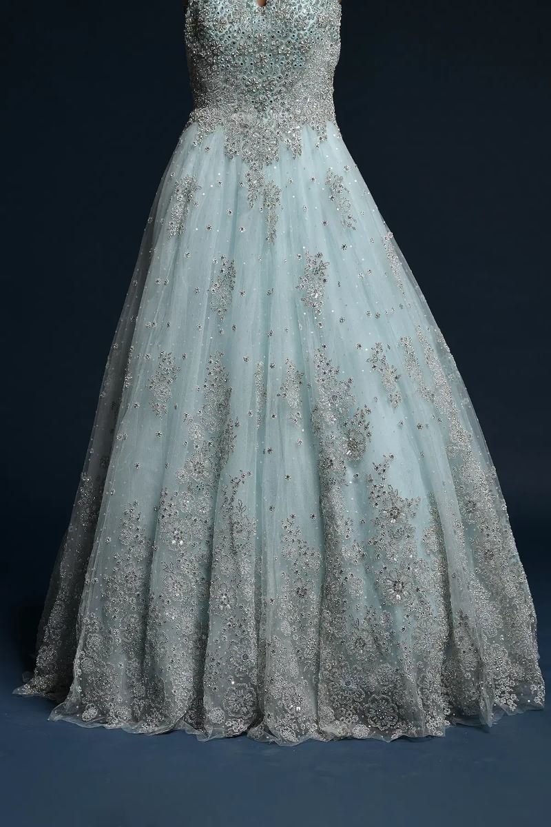 Pastel Blue Embellished Net Bridal Gown (1-Pc) - Image 5