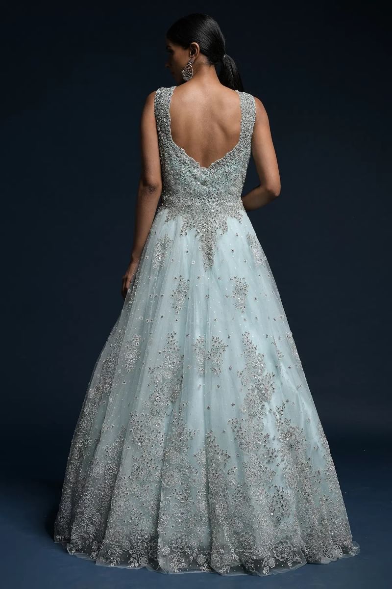 Pastel Blue Embellished Net Bridal Gown (1-Pc) - Image 6