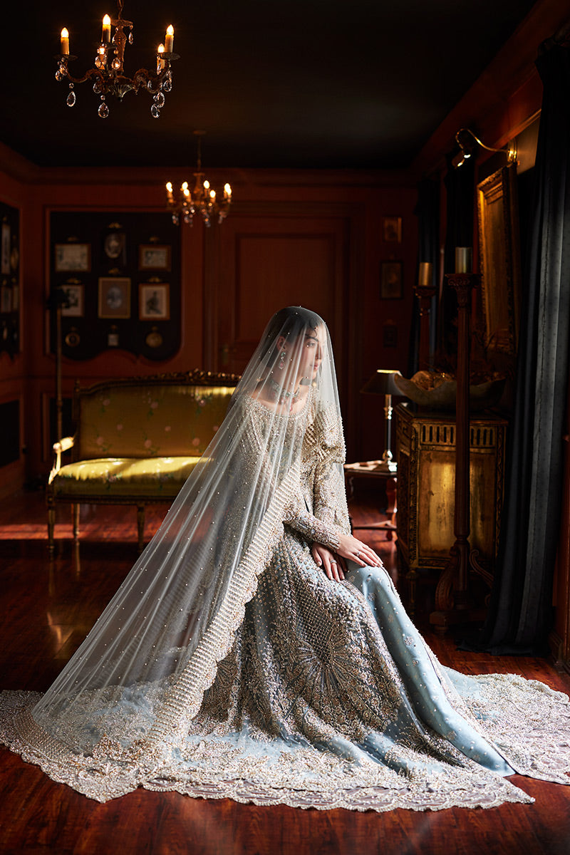 Ice Blue Embellished Net Bridal Gown (2-Piece) - Image 8