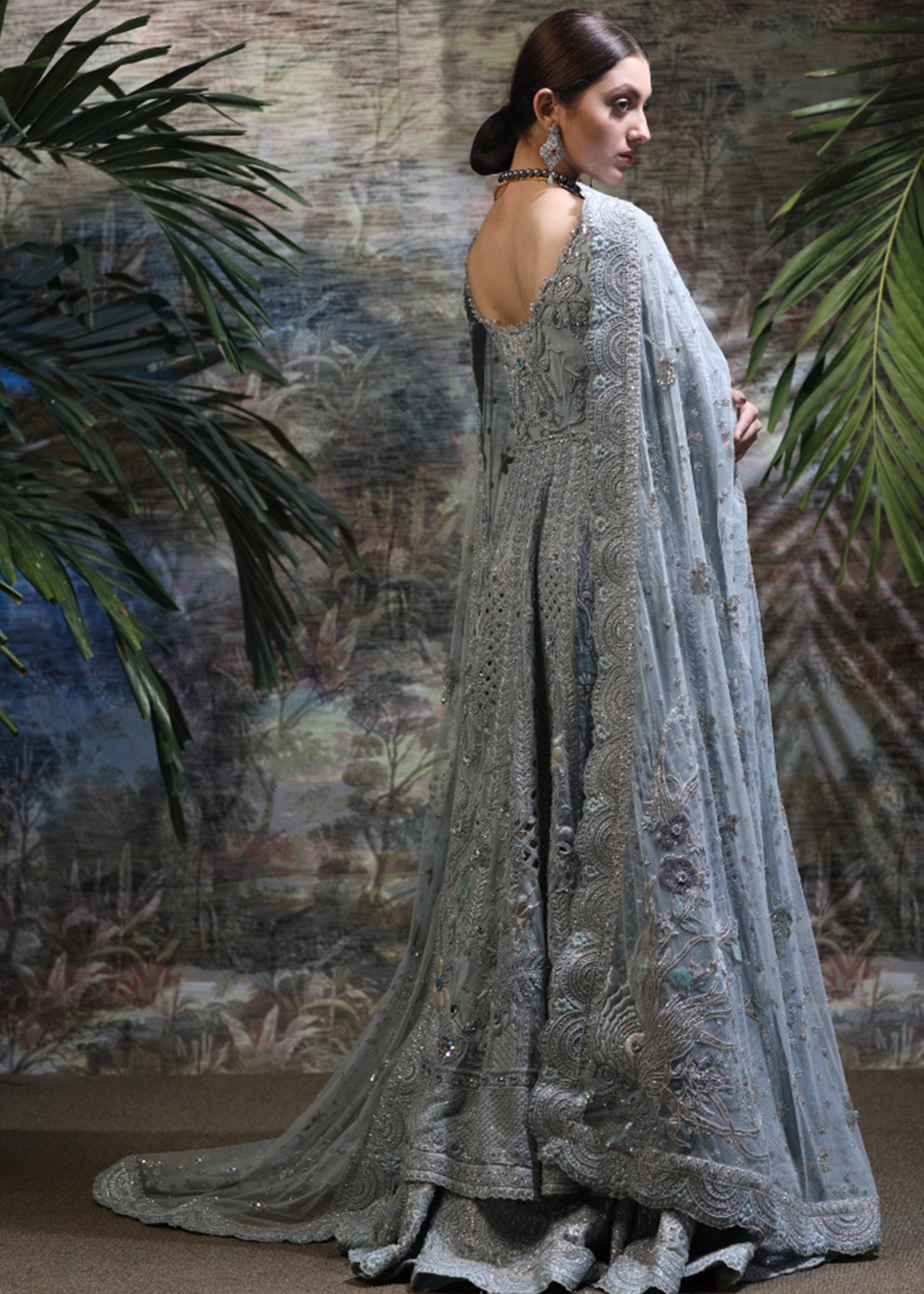 Ice Blue Embroidered Net Bridal Gown (2-Piece) - Image 5