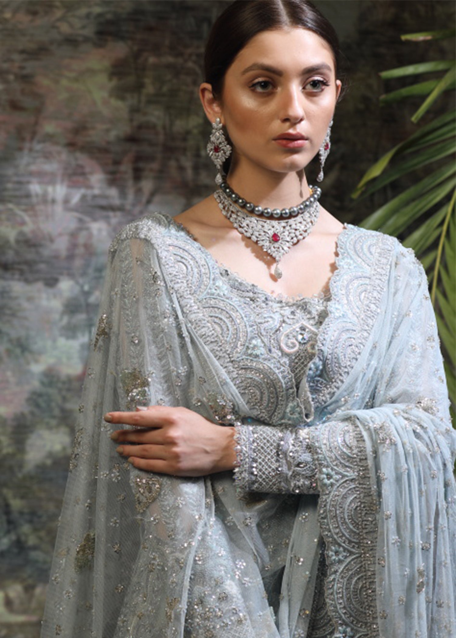 Ice Blue Embroidered Net Bridal Gown (2-Piece) - Image 6