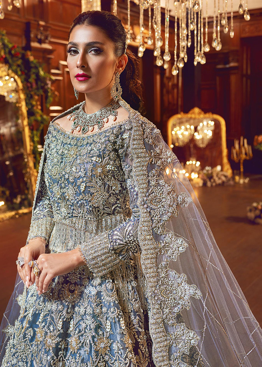 Indian Azure Blue Hand-Embellished Net Bridal Gown (2-Piece) - Image 1