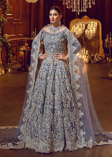 Indian Azure Blue Hand-Embellished Net Bridal Gown (2-Piece) - Image 2
