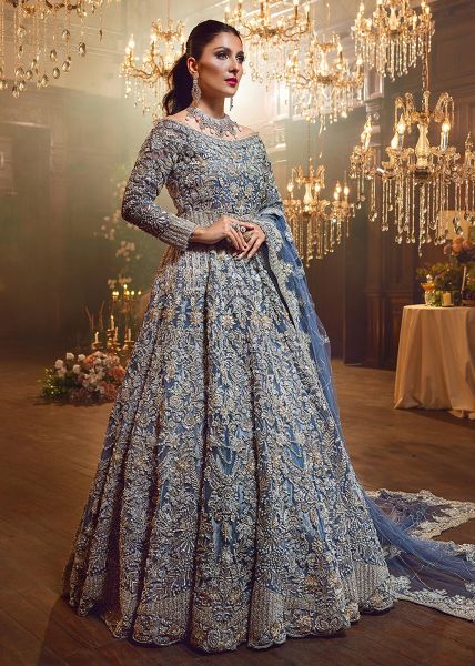 Indian Azure Blue Hand-Embellished Net Bridal Gown (2-Piece) - Image 3