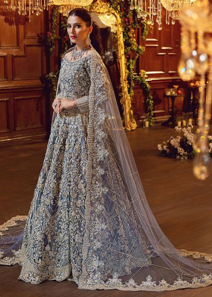 Indian Azure Blue Hand-Embellished Net Bridal Gown (2-Piece) - Image 4