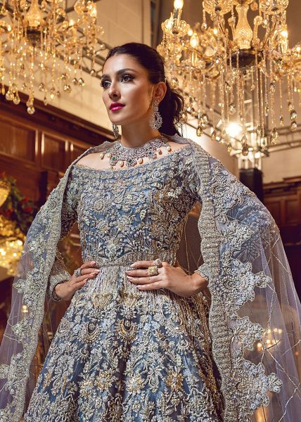 Indian Azure Blue Hand-Embellished Net Bridal Gown (2-Piece) - Image 5